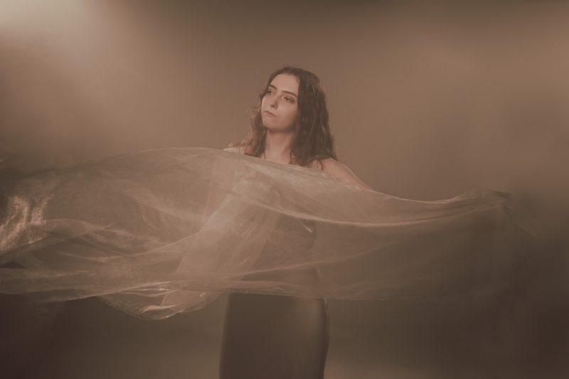 Emily-Pocock-Brighton Musician photography by Photographer Emma Bailey with smoke and fabric